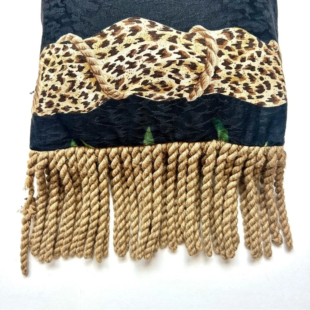 Vintage 1990s Anju Woodridge Jungle Vine Leopard Print Tassel Accent Pillow